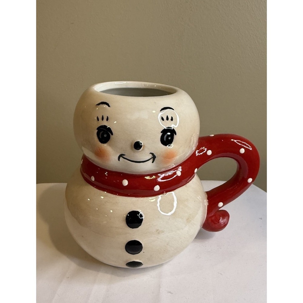Johanna Parker Christmas‎ Snowman Ceramic Mug Red White Scarf Vintage Inspired